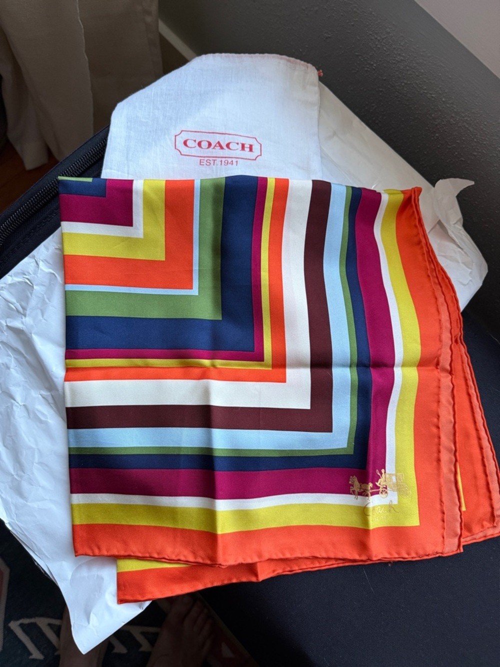 New in Bag Coach Legacy Square Striped Silk Scarf Print